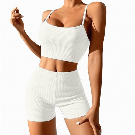 TOWED22 Women 2 Pieces Workout Sets Padded Spaghetti Straps Camis High Waist Biker Shorts(White,XL)