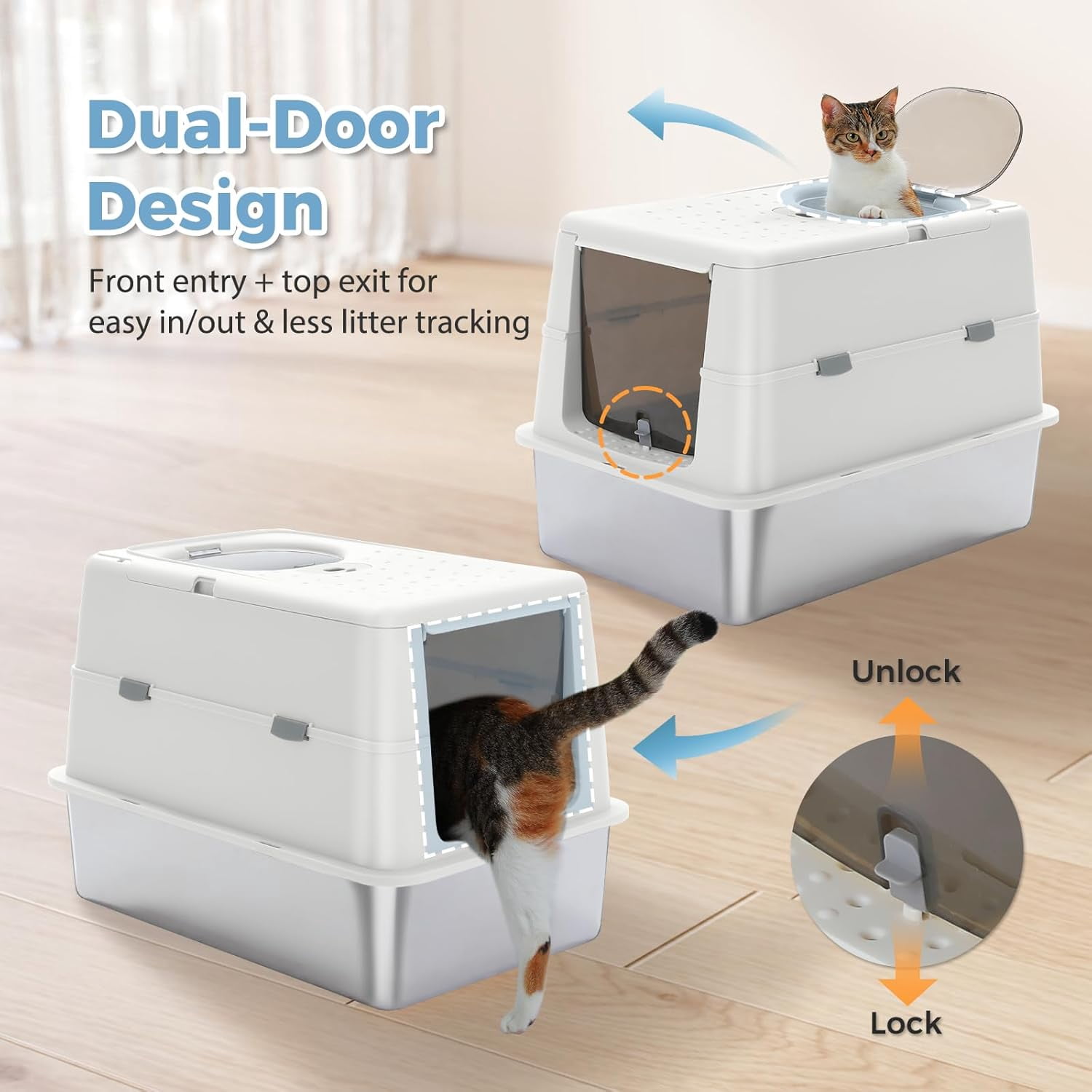 Miemie Stainless Steel Cat Litter Box, XL Extra Large Enclosed Litter Box with Non-Sticky Metal Pan, 16" High Sides& Anti-Leakage with Scoop, Front & Top Dual Entry for Big Cats, White