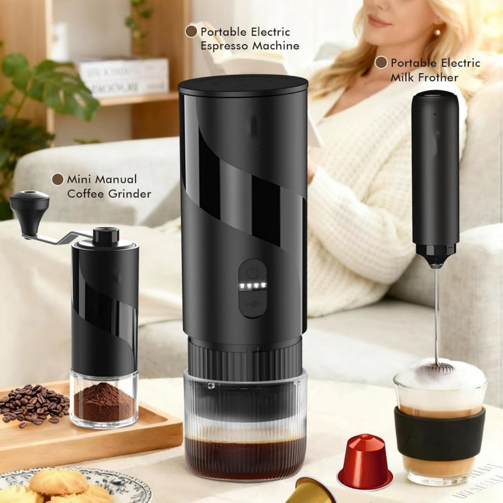 Portable Electric Espresso Machine with Manual Coffee Grinder and Electric Milk Frother for Camping, Car, RV, Hiking, Office, Home