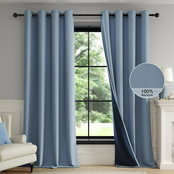 100% Blackout Curtains for Living Room, Slate Blue Curtains 108 Inches Long Weave Textured Thermal Insulated Curtain for Bedroom, Black Out Drapery Grommet Room Darkening 2 Panels
