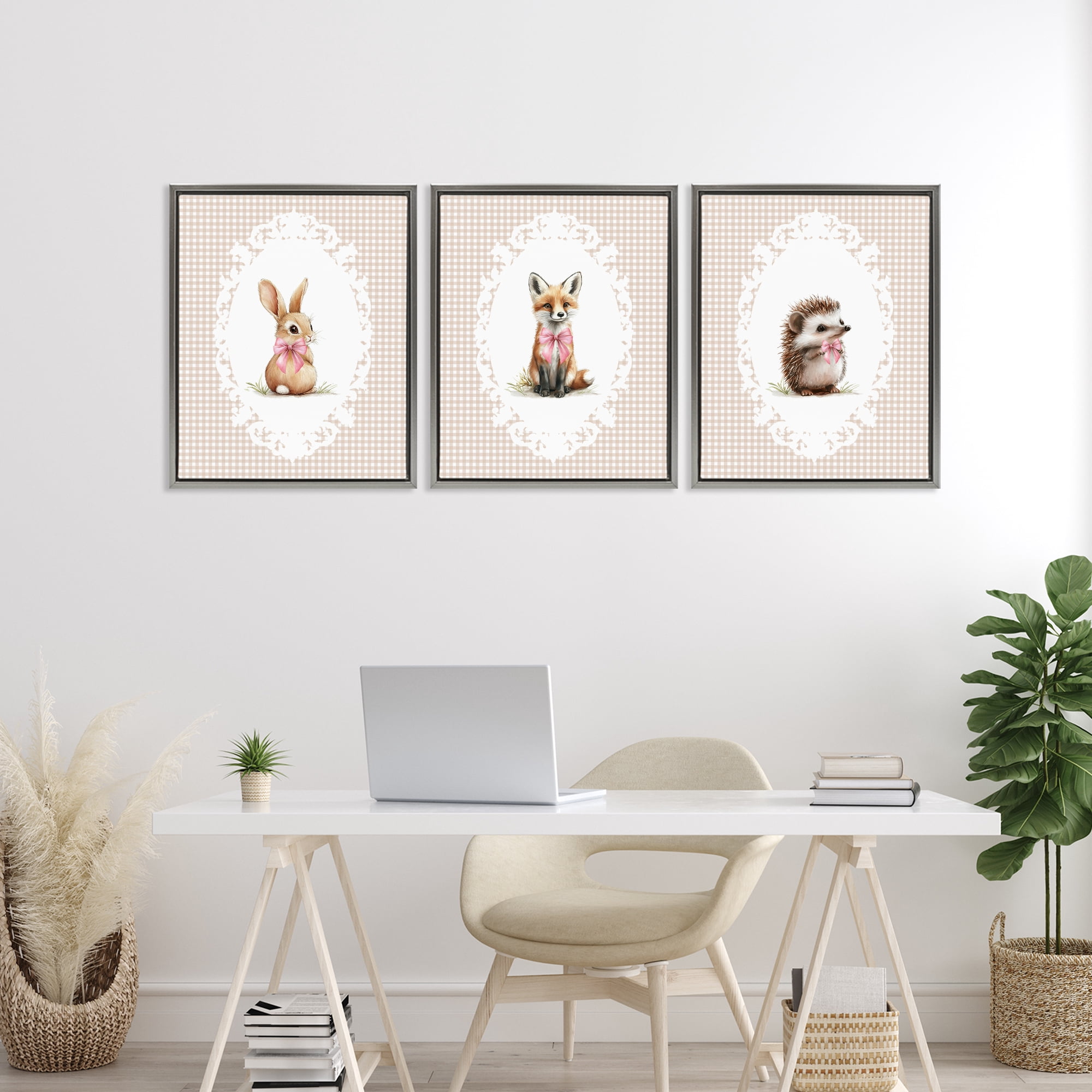 Stupell Industries Vintage Baby Bow Animals 3 Piece Gray Framed Floater Canvas Set, design by Christine Simpson Art