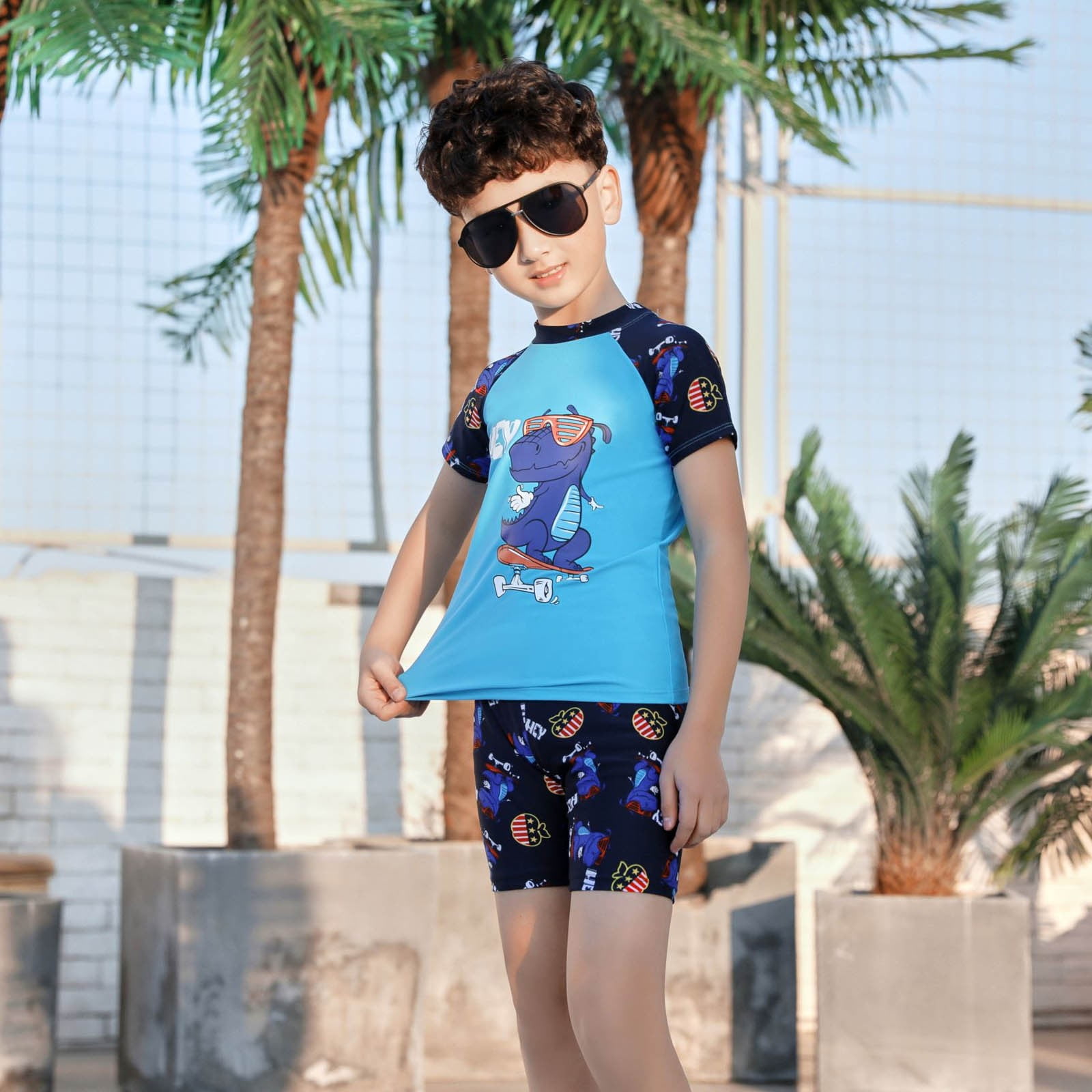 Shadoumai Kid Swimming Suit Stretchy Swimwear Set Boys Swim Shirt and Shorts Set Vacation Boy Bathing Suit