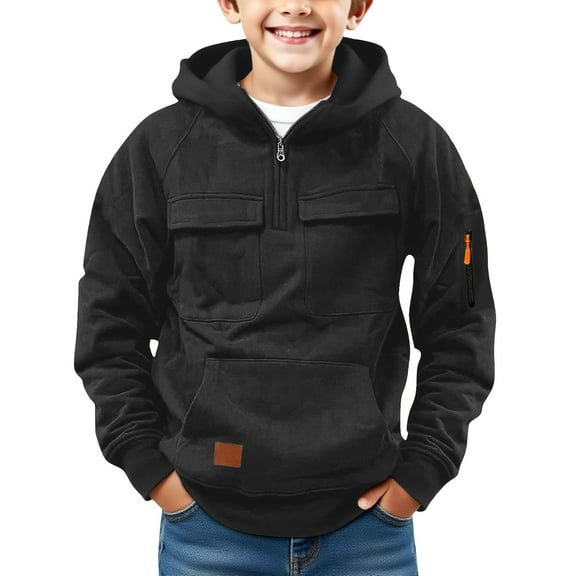 Mercatoo Boys Fleece Hoodies Half Zip up Cargo Jackets Pullover Hooded Sweatshirts Plain Thick Warm Cotton Outwear with Pockets