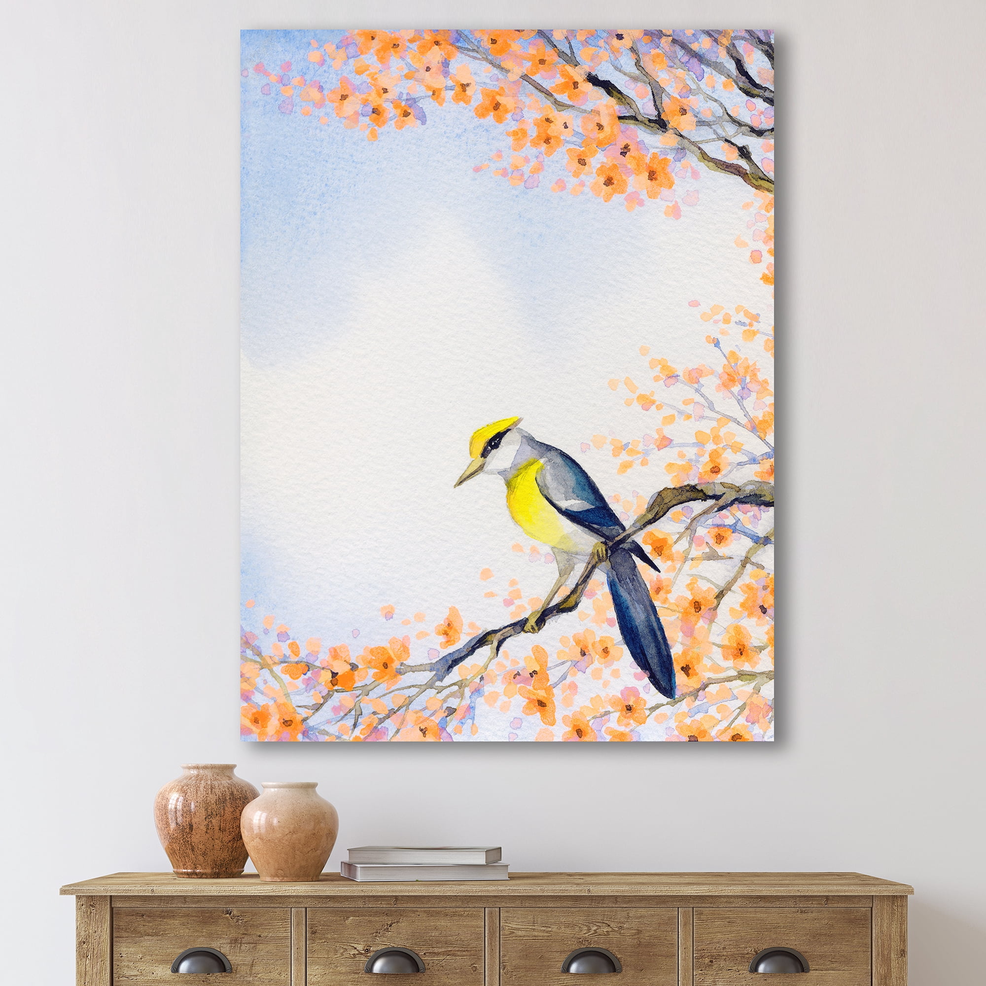 Designart ' Beautiful Blue Bird Sitting On Flowering Branch II ' Traditional Canvas Wall Art Print