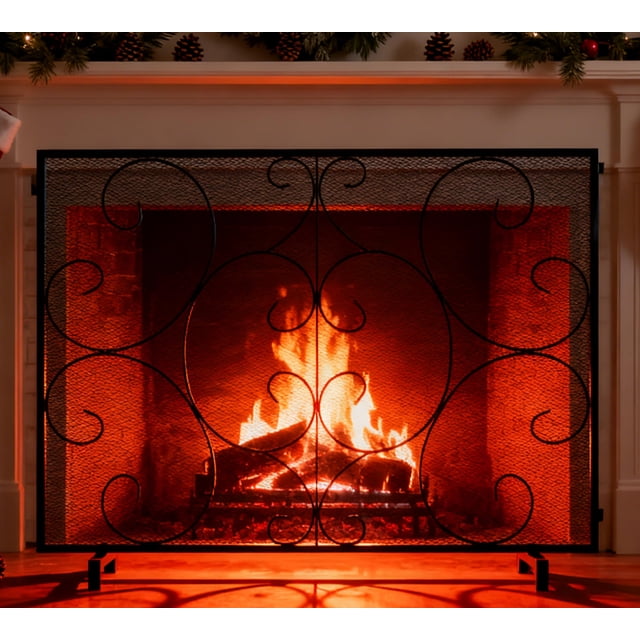 Kingson Single Panel Decorative Flat Fireplace Screen Cover Handcrafted Durable Metal Mesh, Heat-Resistant Free Standing Fire Spa