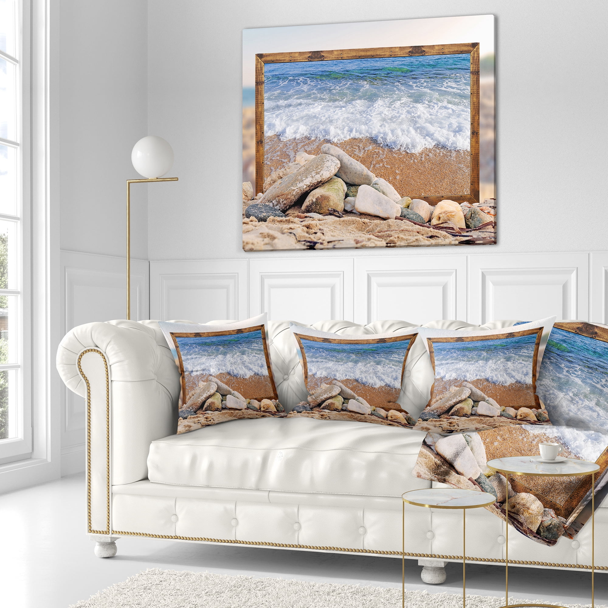 Designart Framed Effect Waves and Rocks - Seashore Throw Pillow - 18x18