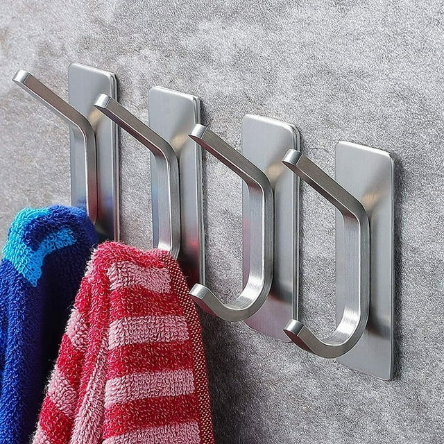 Gancho para toalla/ganchos adhesivos - Ganchos de pared para abrigo/bata/toallas se pegan en el baño/cocina, paquete de 4, acero inoxidable