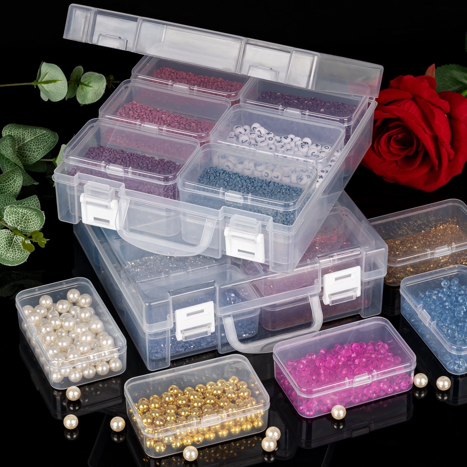 Rectangle Storage Boxes with Hinged Lids,Clear Bead Storage Containers, 12 Small Plastic Bead Organizer Box,Clear Bead Storage Containers for Seeds Beads Jewelry Crafts Small Items (2 Pack)