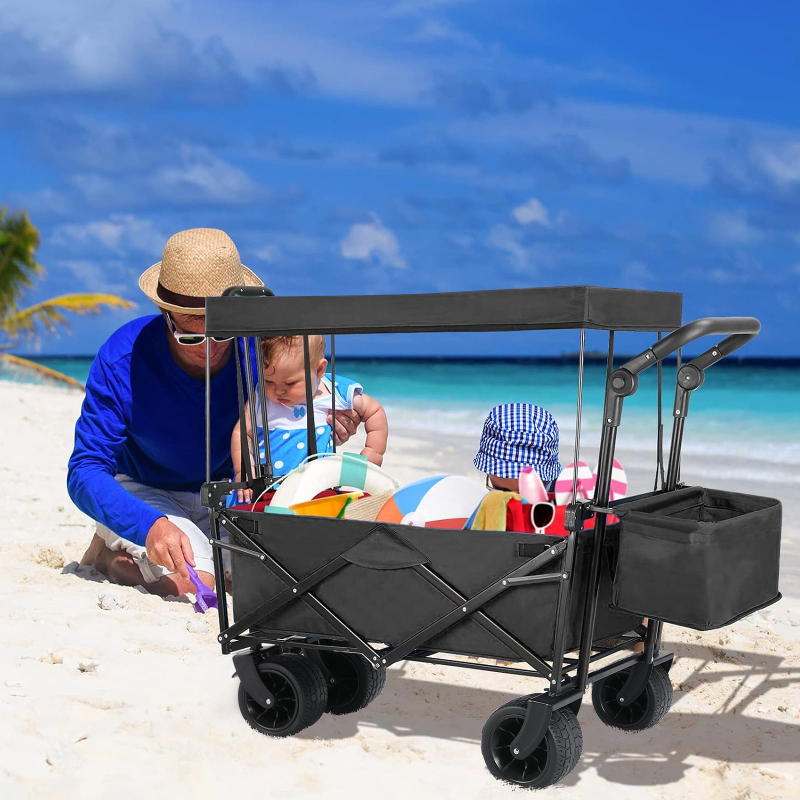 Arlopu Collapsible Wagon Cart Outdoor Folding Utility Garden Cart with All-Terrain Wheels and Removable Canopy