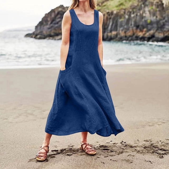 Ovzne Robes pour Femmes 2025 Robe pour Femme Mode Été Décontractée Couleur Unie Sans Manches Col Rond Robe à Poches Jupe Robe de Printemps Liquidation