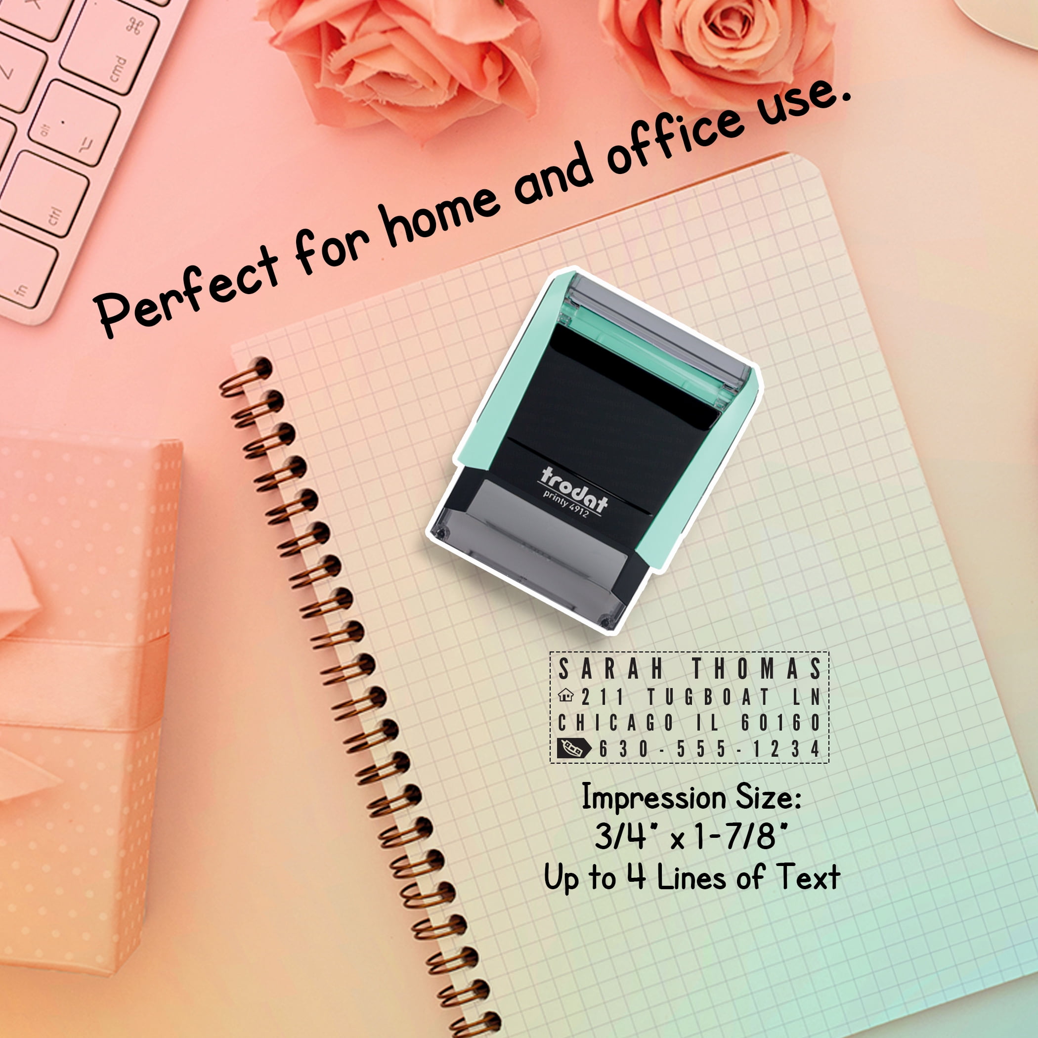 Trodat Printy 4912 Self-Inking Pastel Green Do-It-Yourself (DIY) 4 Line Custom Stamp Kit with Black Ink, Impression Size: 3/4” x 1-7/8”