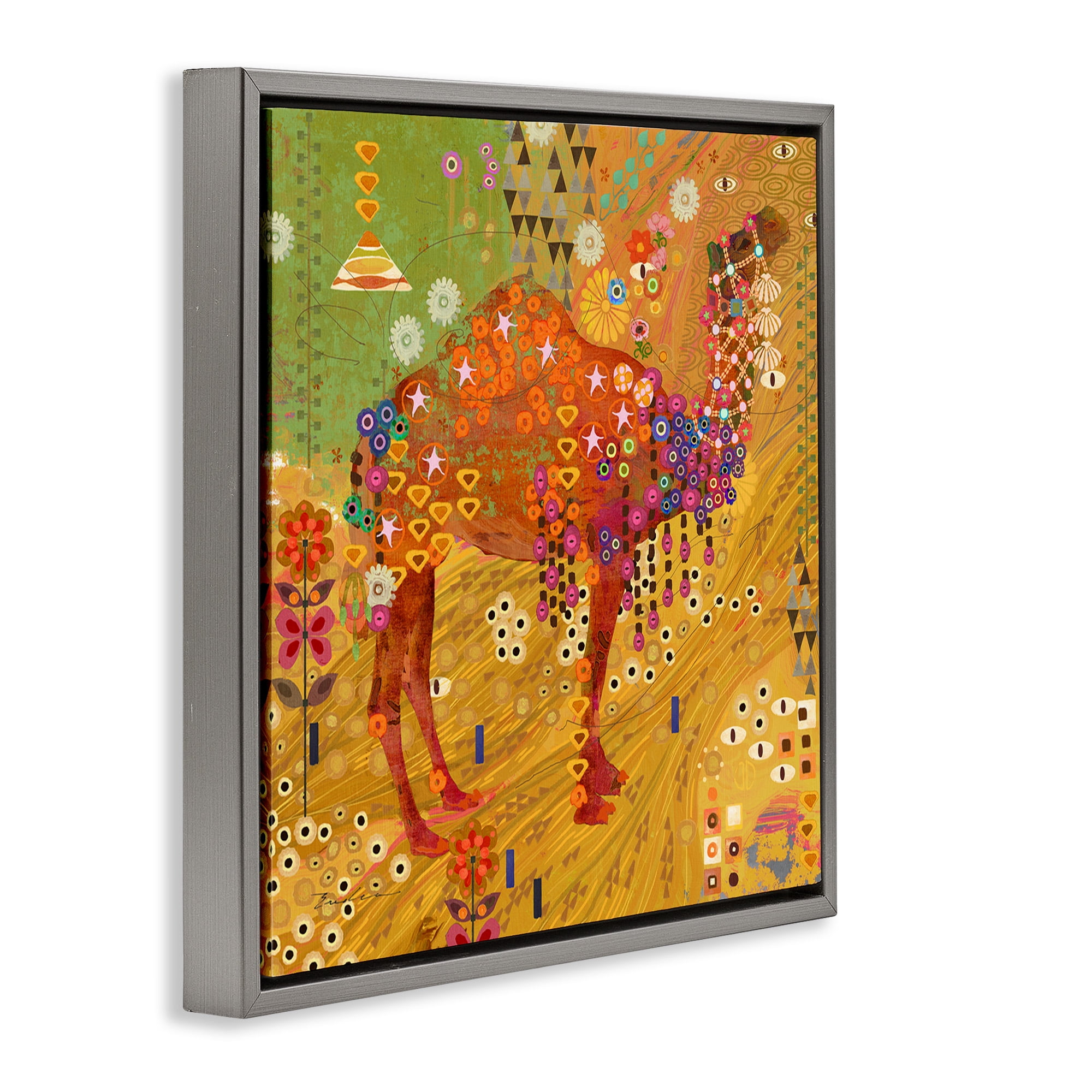 Stupell Industries Boho Patterned Camel Animals & Insects Painting Gray Floater Framed Canvas Art Print Wall Art, 18 x 18