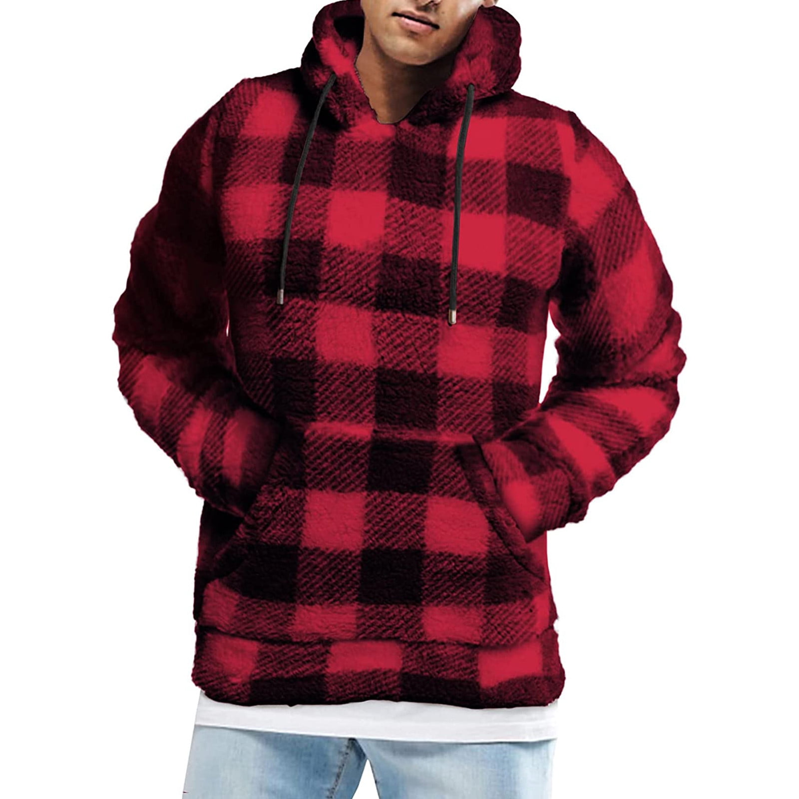 Men Fuzzy Pullover Hoodie Plaid 