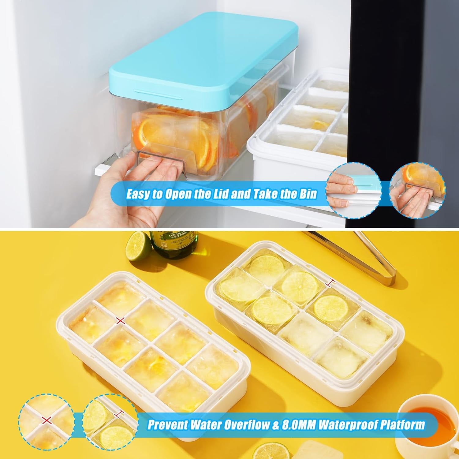 Large Ice Cube Tray With Lid and Bin, Ice Trays for Freezer, 2 INCH Whiskey Ice Cubes Mold, 1*8 pcs Square Ice Cube Mold with Tong, Easy to Release, Large Ice Tray for Whiskey Cocktail Bourbon
