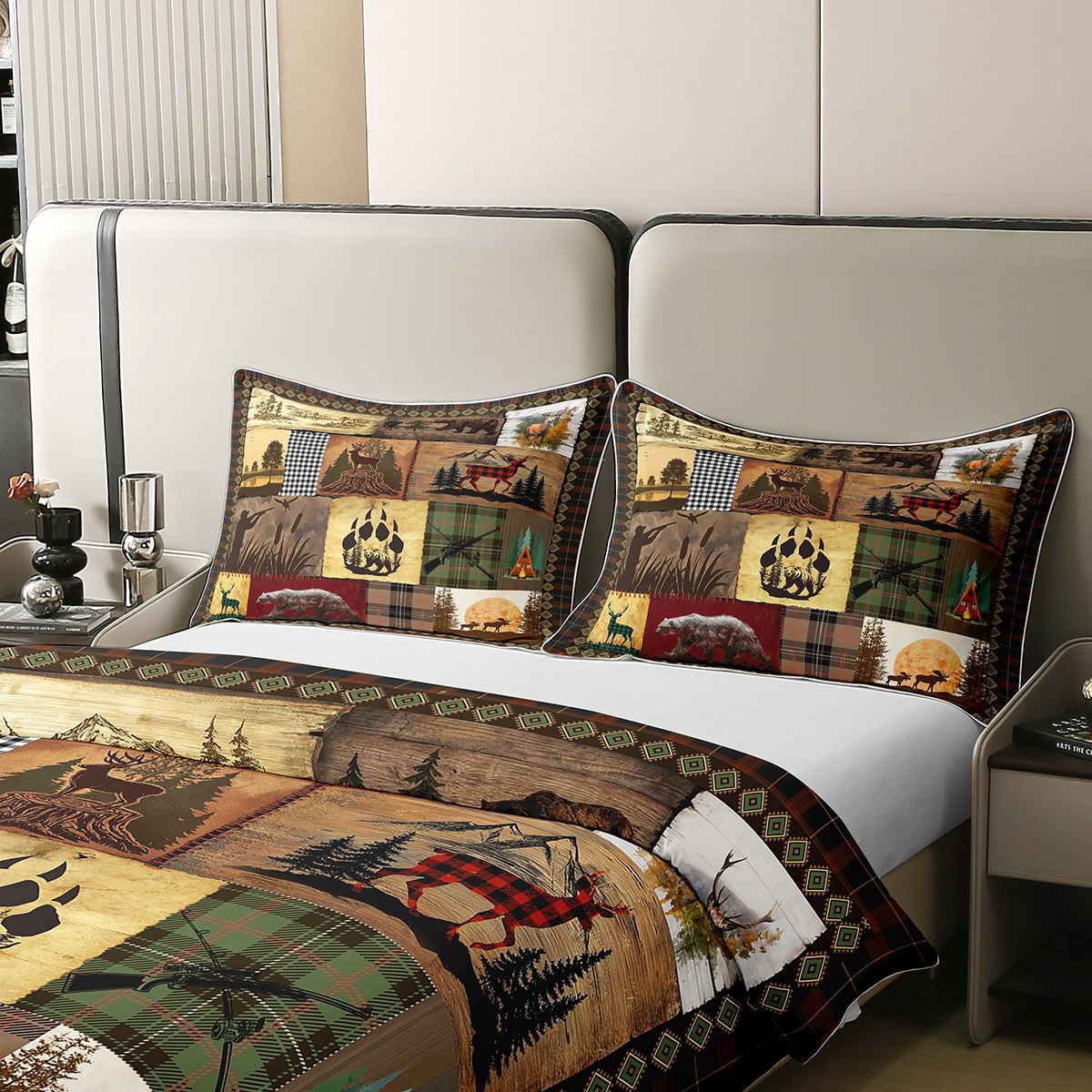 Rustic Cabin Lodge Bedding Set Patchwork Duck Bear Deer Moose Comforter Cover King For Adults Men Retro Farmhouse Buffalo Plaid Duvet Cover Hunting Woodland Wildlife Animal Bed Set 2 Pillow Cases
