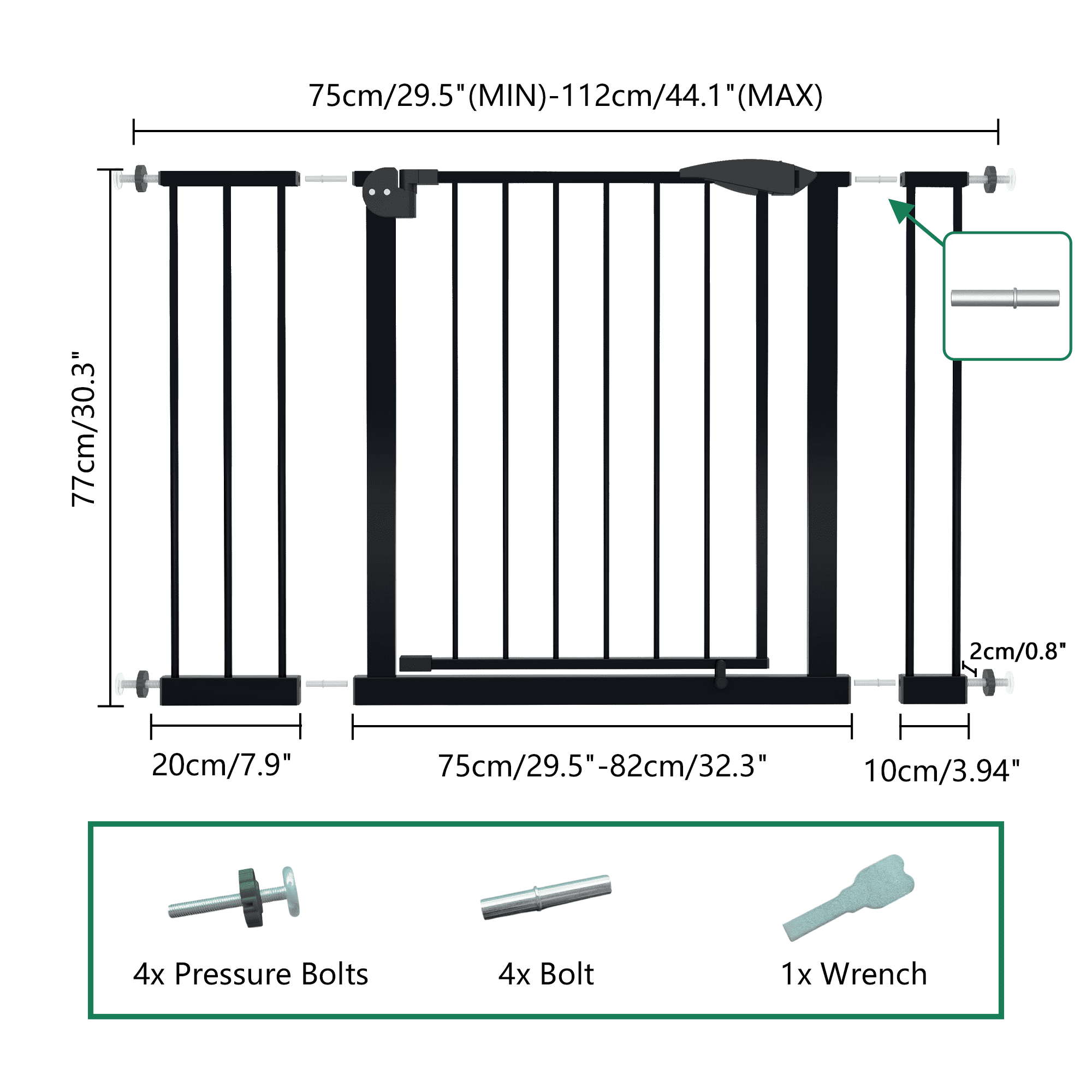LuckyNote Adjustable Dog Gate for Stairs & Doorways, 29.5-44.1" Wide Pressure Mounted Pet Gate, No Drilling Easy Walk Through Safety Gate – Black