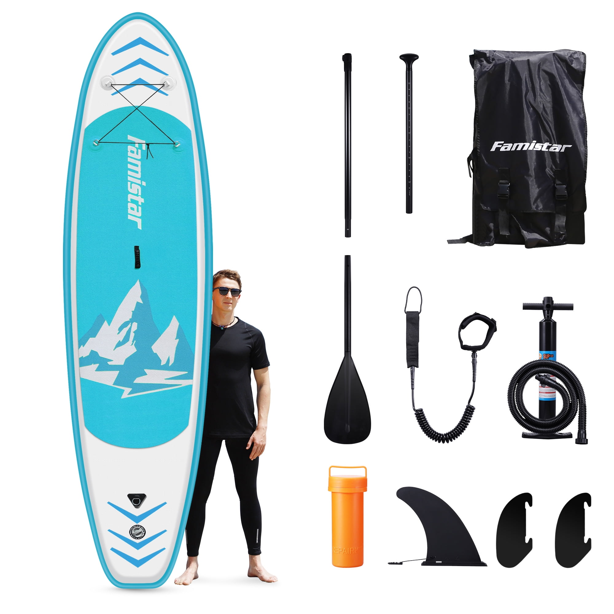 Famistar 10 Ft. 10 In. Inflatable Stand Up Paddle Board SUP with 3 Fins, Adjustable Paddle, Pump & Carrying Backpack