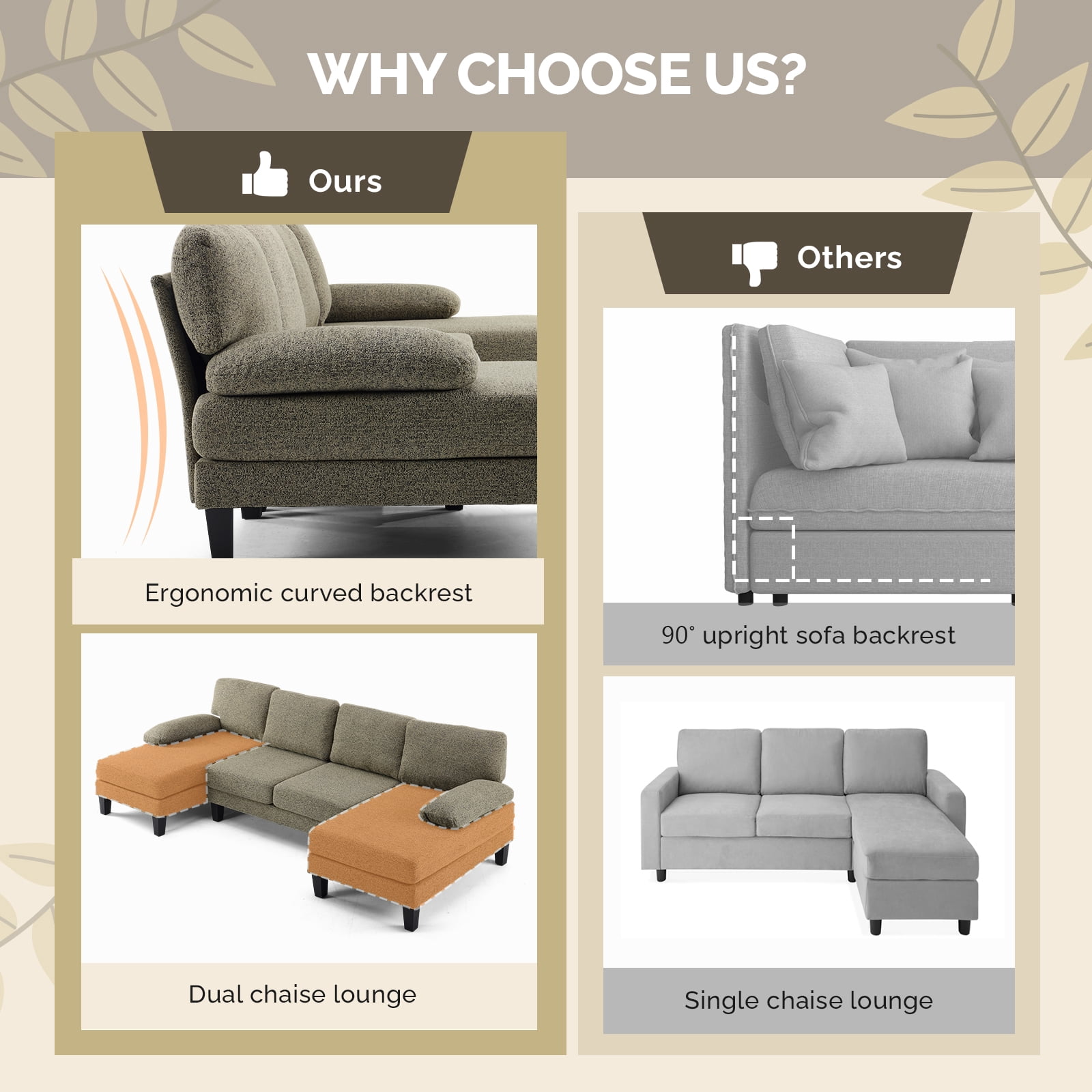 U-Shaped Convertible Sectional Sofa with 2 Chaise Lounges, 4-Seater Modular Couch with Removable & Washable Chenille Covers, L-Shaped Couches for Living Room Apartment, Heavy Duty Plastic Legs