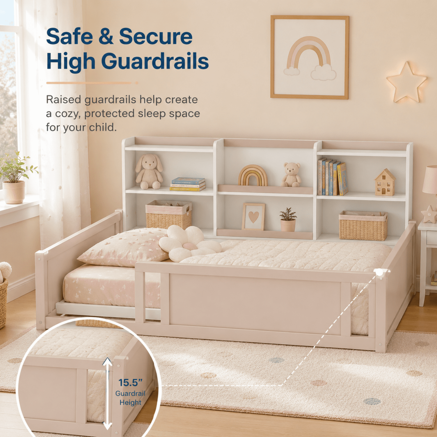 Miniyam Twin Size Floor Bed, Kids Bed Frame with Guardrails and 6 Built-In Side Storage Shelves, Nude and White
