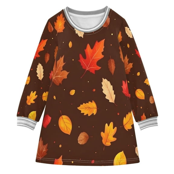 Autumn Falling Leaves Girls'long-sleeved dress Thickened A-dress Warm Dress Basic Shirt Party Dresses