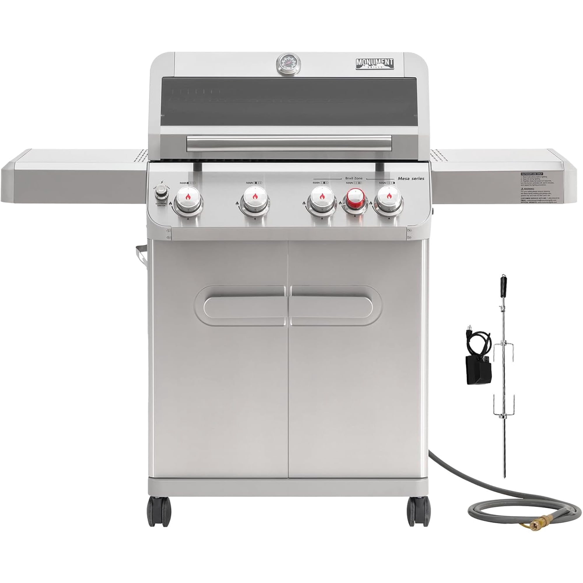 Monument Grills Mesa Series 4-Burner Silver Natural Gas Cabinet Grill with Rotisserie and Natural Gas Hose