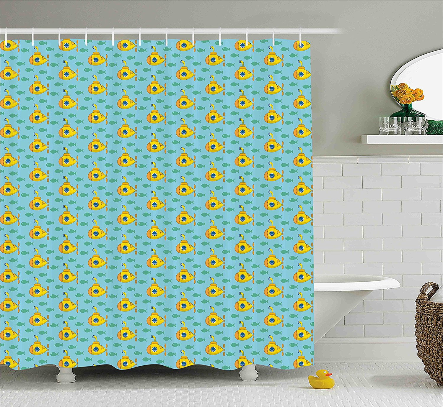 Yellow Submarine Shower Curtain Set by , Aqua Pattern with Little Fish
