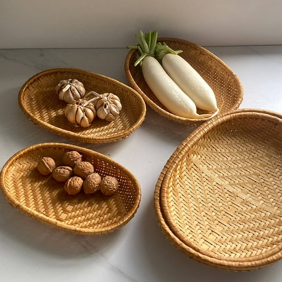 Oval Rattan Breakfast Severing Tray- Wicker Woven Food Storage Platters for Fruit,Bread, Drinks,Snacks,Coffee Table Serving Basket Ottoman Tray, 1PC