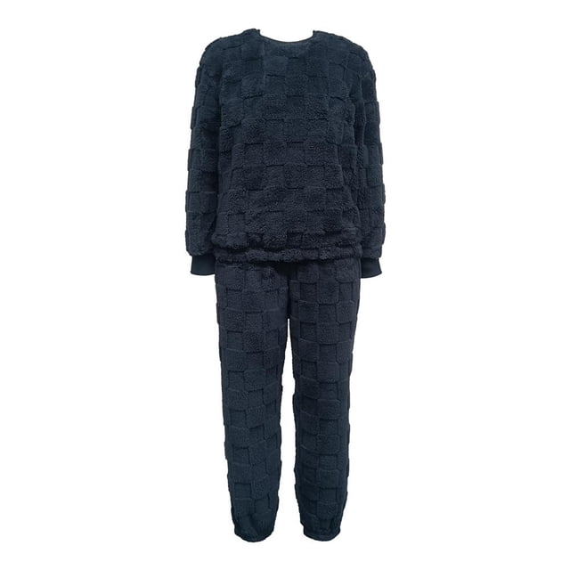 Set De Pijama Secret Treasures Para Mujer, De 2 Piezas Polar en azul, con sudadera y pantalón de corte recto en tela polar afelpada con diseño de cuadros, manga larga y cuello redondo, cintura ajustable para mayor comodidad, ideal para otoño e invierno y uso diario en casa.