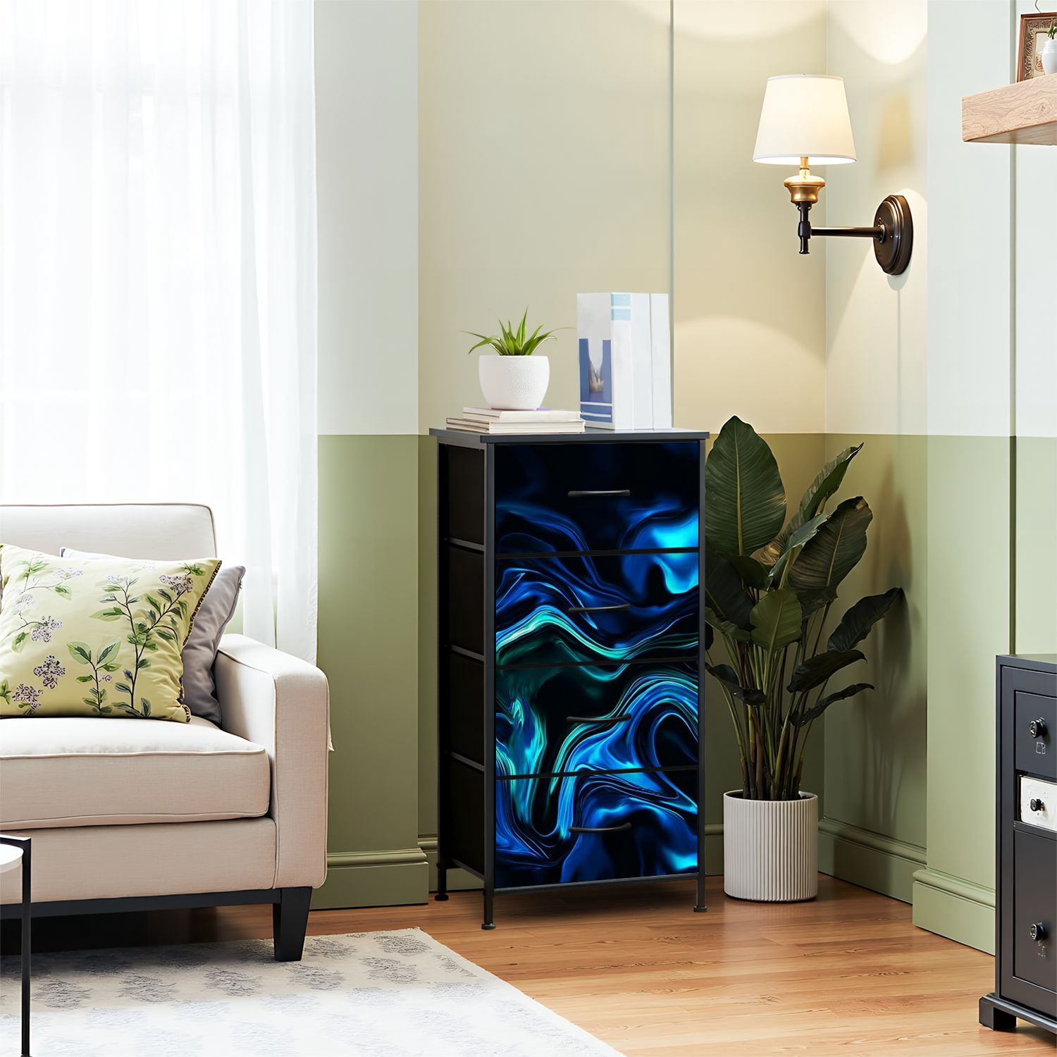Boho Dresser for Bedroom with 4 Storage Drawers Marble Neon Blue Green Abstract Texture Black Multi Colored Paper Dressers Chest of Drawers Steel Framed Fabric Closet Organizers for Entryway