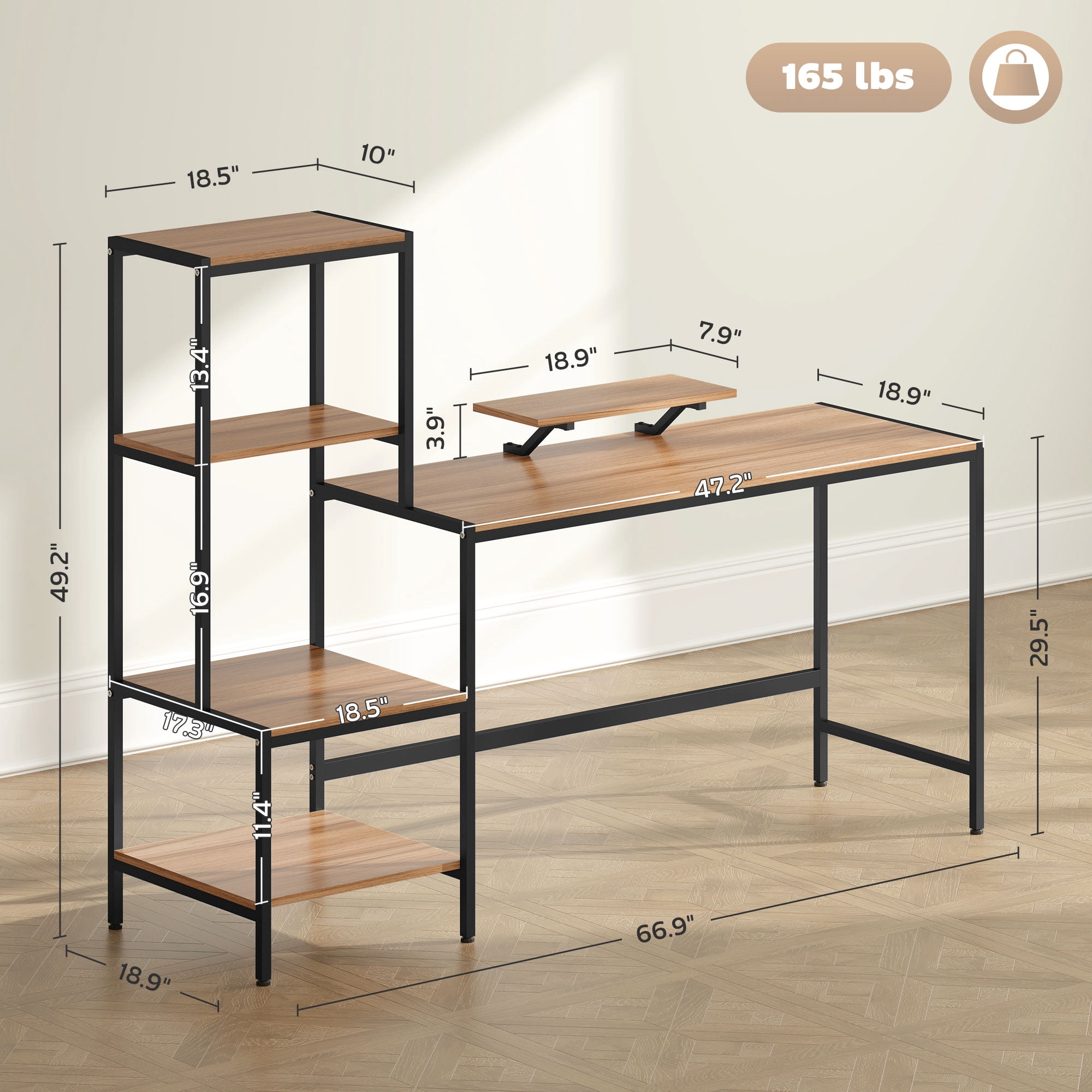 HOMCOM 67" Computer Desk with Monitor Stand, 4-Tier Reversible Home Office Desk with Printer Shelf or CPU Stand, Industrial Writing Desk, Brown