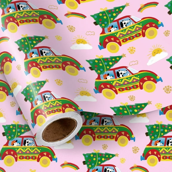 WarmHaven Christmas Wrapping Paper Roll for Kids Girls, Pink Holiday Car with Puppy Driving Christmas Tree Design, for Winter Holiday, for Pet Lovers, Mini Roll 17 in x 16.4 Ft