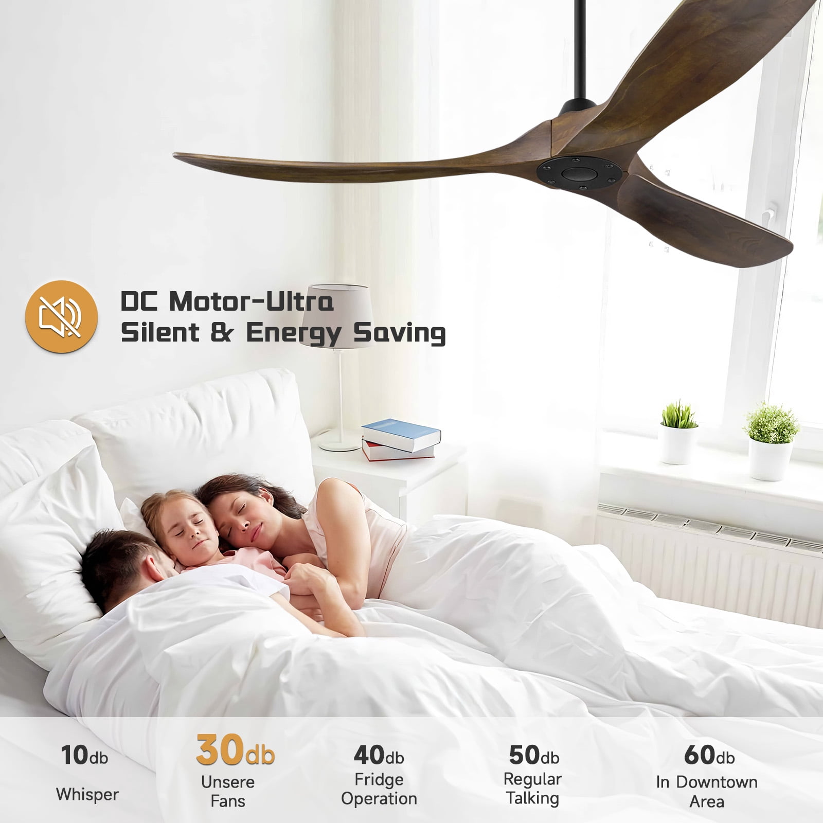 52 inch Wood Ceiling Fan No Light, Remote Control 1/4/8H Timer, 6 Speed Quiet Reversible DC Motor