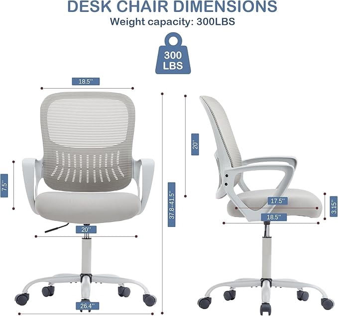Ergonomic High-Back Mesh Office Chair - Breathable Waist and Back Support Computer Chair with Fixed Armrests, Height Adjustment, and 360° Swivel Base(Gray)