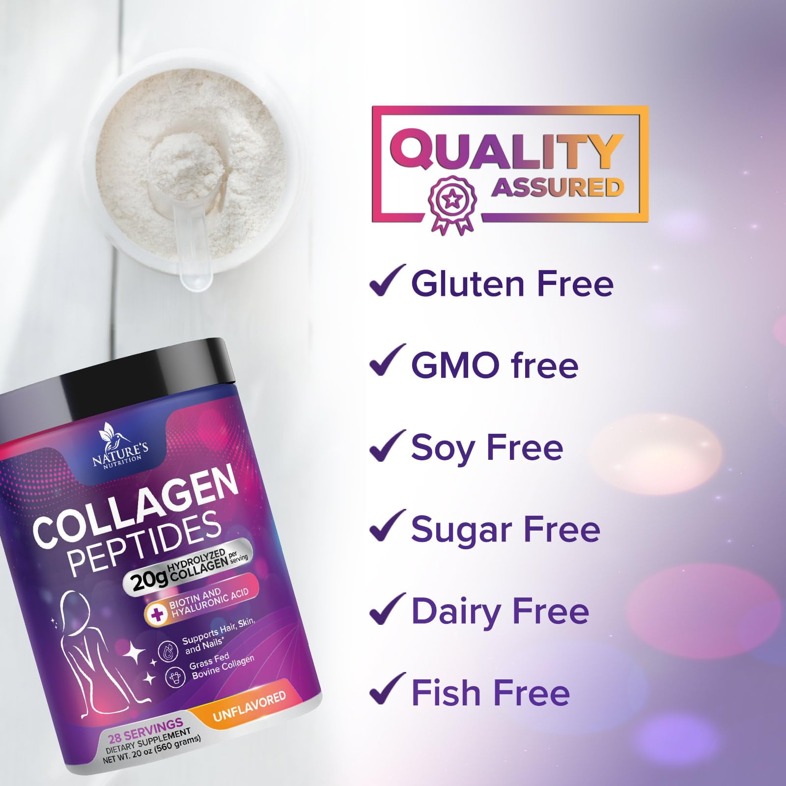 Collagen Peptides Powder - Hydrolyzed Type 1 & 3 Collagen Peptides 20g per Serving with Hyaluronic Acid & Biotin - Vital Nail, Skin & Joint Support - No Sugar, Unflavored, Bottled in USA, 28 Servings