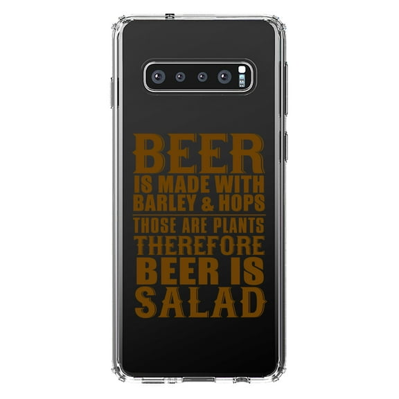 DistinctInk Clear Shockproof Hybrid Case for Samsung Galaxy S10 (6.1" Screen) - TPU Bumper Acrylic Back Tempered Glass Screen Protector - Beer Is Barley & Hops Beer is Salad