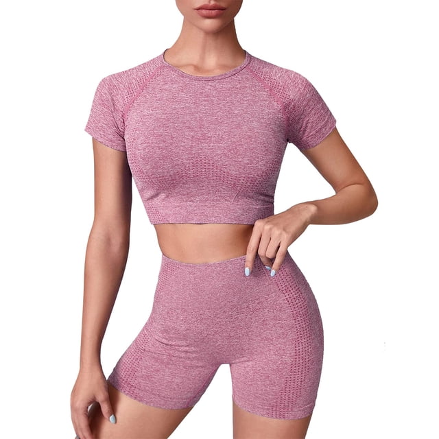 Gibobby Trajes de entrenamiento Trajes de entrenamiento para mujeres Conjuntos de mallas de yoga de cintura alta sin costuras acanaladas de 2 piezas(Rosa, S)