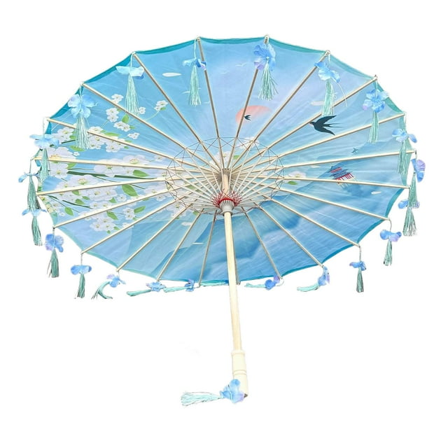 yuksok Chinese Umbrella Craft Silk Umbrella for Party Events Performance Dance Recitals Style K. This elegant Han-style umbrella features a blue silk canopy adorned with delicate floral patterns, tassels, and petal fringe. The umbrella is supported by a sturdy wooden frame and measures approximately 82 cm (32.28 inches) in diameter with a length of 58 cm (22.83 inches). Ideal for weddings, cosplay events, Asian-themed parties, or as a decorative accessory.