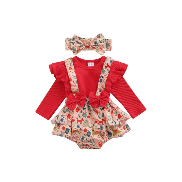 Xingqing 2 Pcs Barboteuse Côtelée pour Bébé Filles Manches Longues Imprimé Cerf Ensemble Bandeau Rouge 9-12 Mois