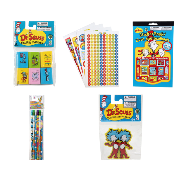 Dr. Seuss Stationary Set 6 Pencils , 1 Sharpener, 6 Erasers, 1 Sticker