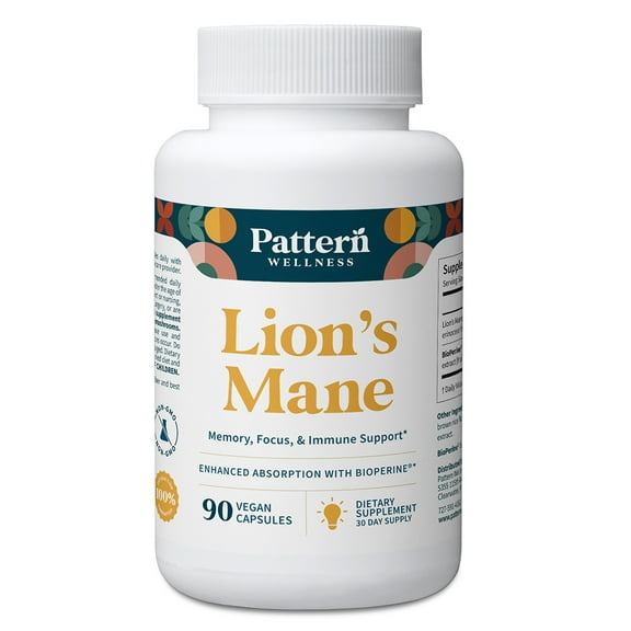 Pattern Wellness Lion's Mane Mushroom Supplement with BioPerine, Memory & Focus Support, 90 Count