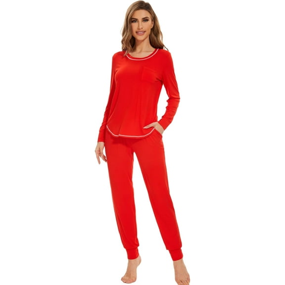 WiWi Bamboo Viscose Pajamas Set for Women Long Sleeve Sleepwear Soft Loungewear Sets Jogger Pants with Pockets S-XXL, Red, Large