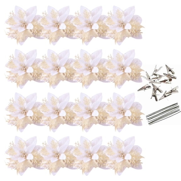 Artificial Christmas Glitter Flowers,Xmas Tree Flower Ornament Decor, Glitter Flowers with Clips And Rods, Xmas Tree Flower Ornament Poinsettias Decor,Artificial Poinsettia Flowers(White)