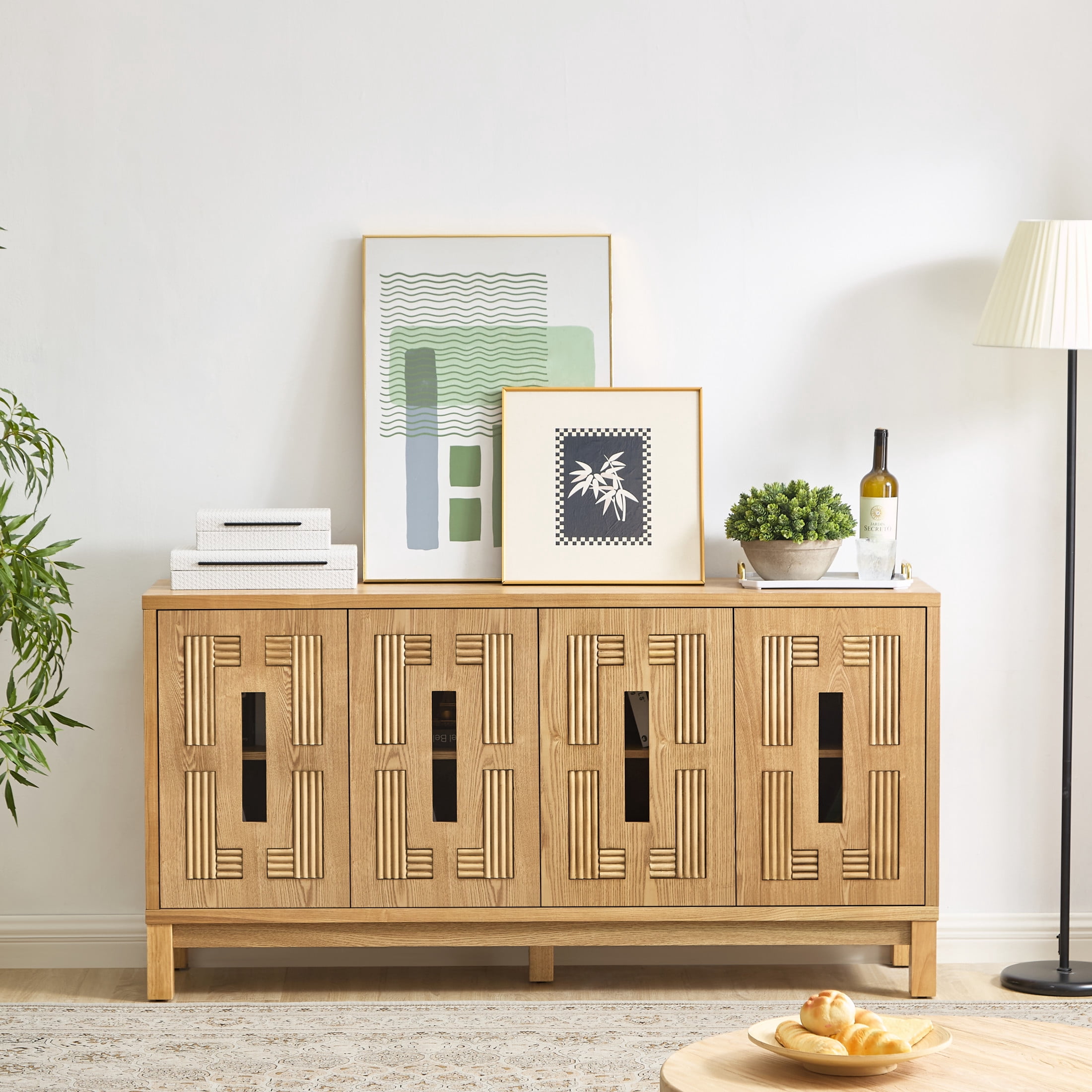 GDF Studio 60.7" Mid Century Modern Sideboard Cabinet with Doors, Adjustable Shelves, Carved Openwork, Natural