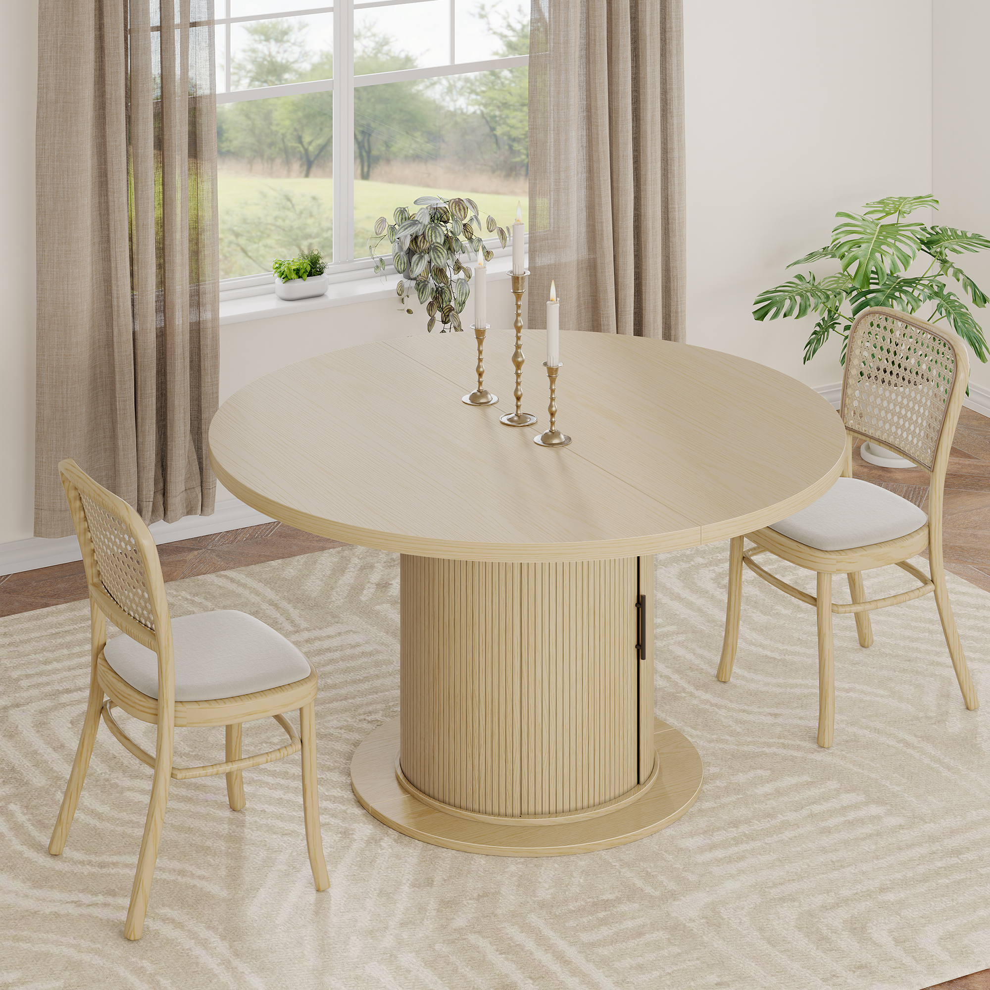 Round Dining Table for 4-8, Extendable Kitchen Dining Room Table 47"-63" With Storage, Mid Century Modern Oval Wood Dinner Table, Natural Oak