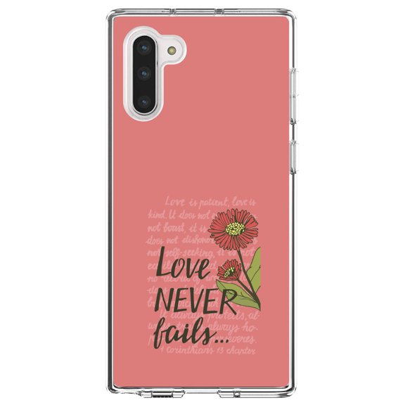 DistinctInk Clear Shockproof Hybrid Case for Samsung Galaxy Note 10 (6.3" Screen) - TPU Bumper, Acrylic Back, Tempered Glass Screen Protector - 1 Corinthians 13 - Love Never Fails - Flower