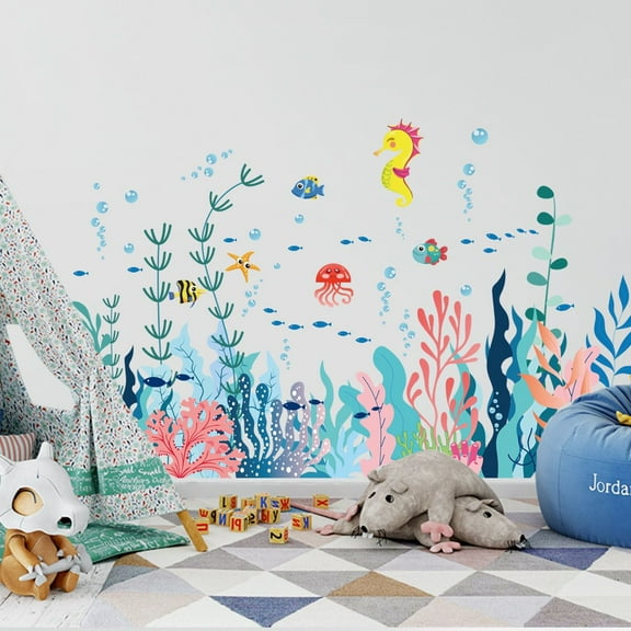 Under The Sea Wall Decals Coral Reef and Seaweed Wall Stickers Creature Sea Life Fish Ocean Grass Wall Decor for Bathroom Kids Bedroom Baby Nursery