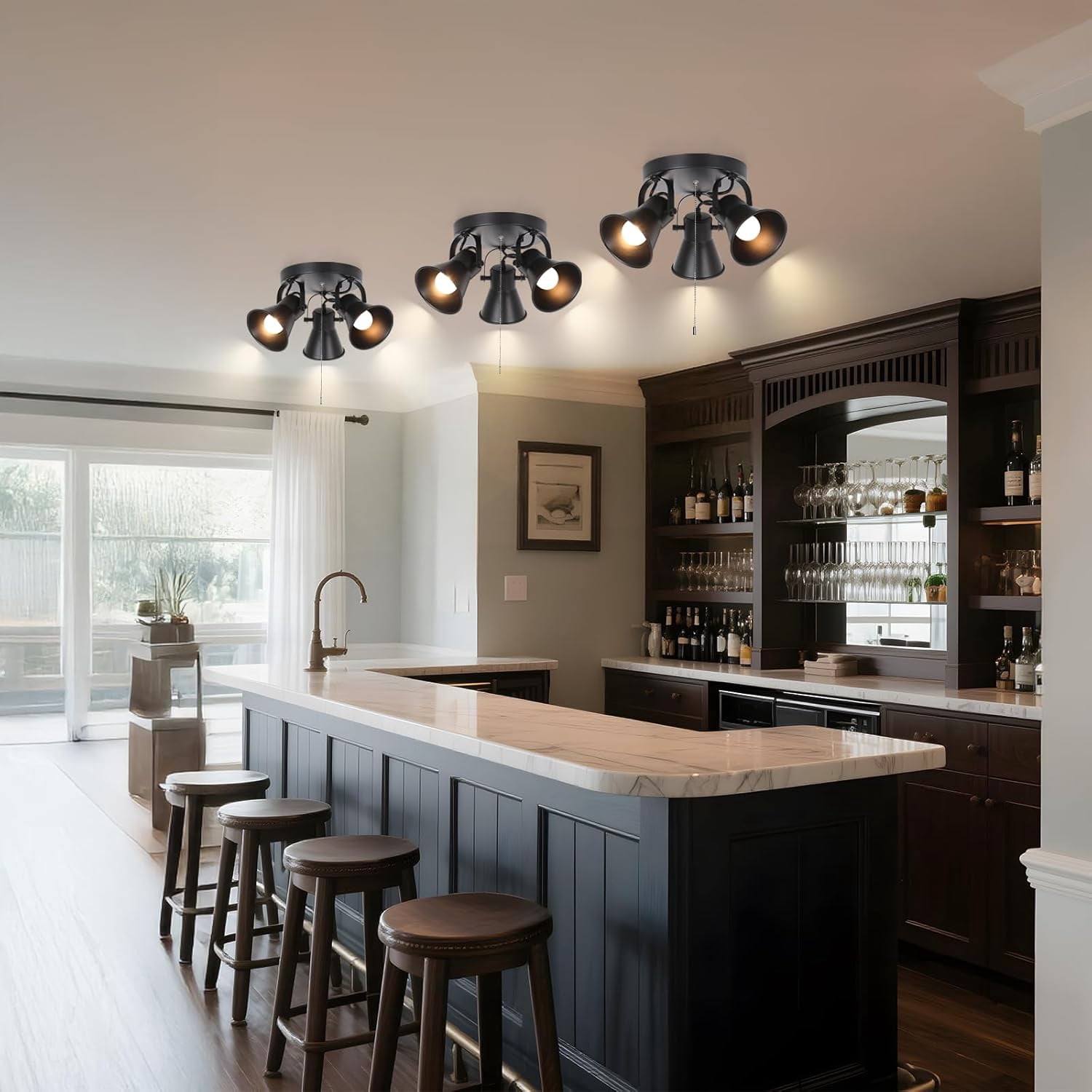 KEESFU 3-Light Track Lighting with Pull Chain, Adjustable Ceiling Spotlight with Extended Cord, Modern Industrial Flush Mount Light for Kitchen Garage Pantry