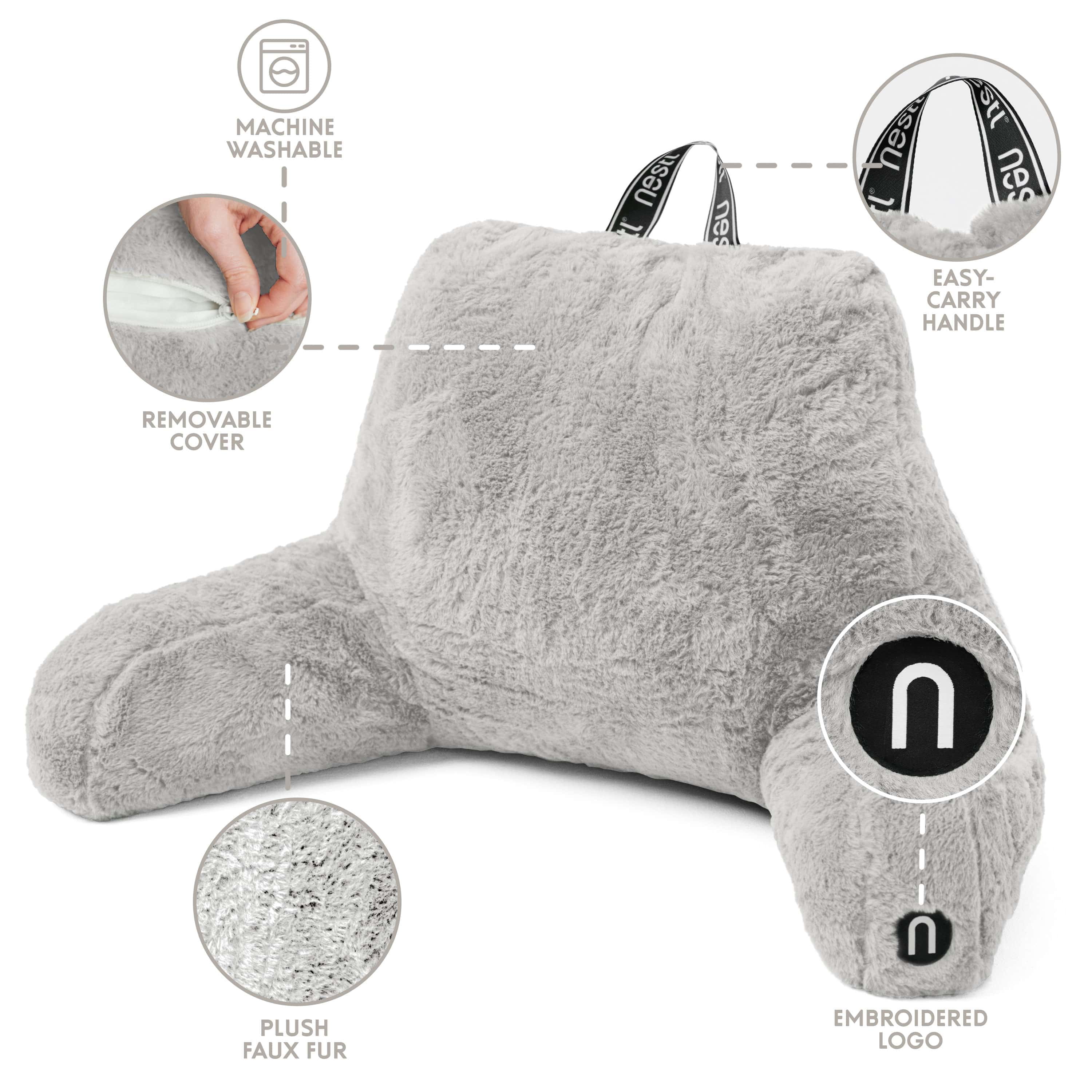 Nestl Fur Reading Pillow with Lap Desk, Stylish Arm Rest Pillow, Lap Desk with Backrest Pillow for Sitting in Bed, Faux Fur, Silver