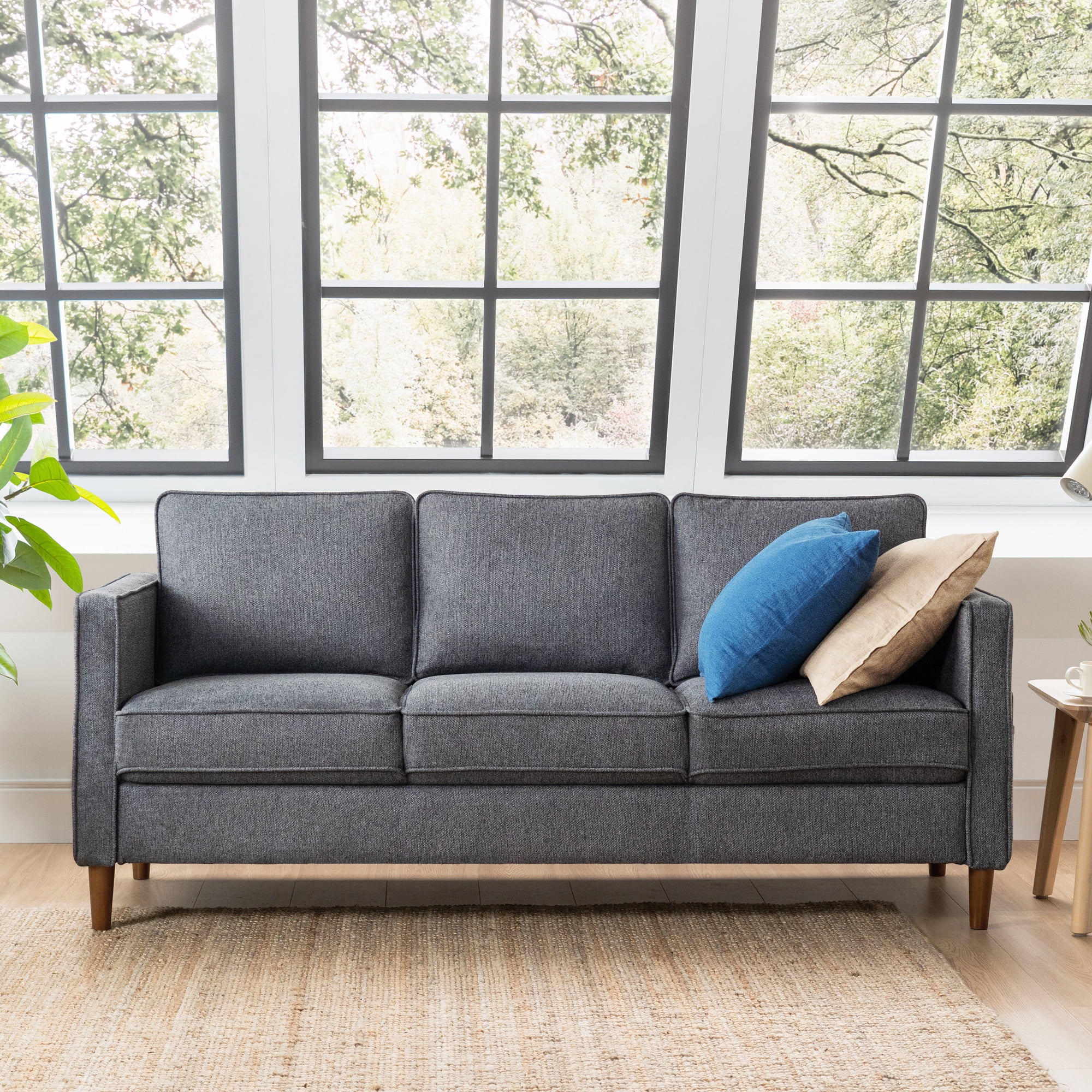 Mellow Hana Modern Upholstered Linen Fabric Sofa with Armrest Pockets, Dark Heather Grey