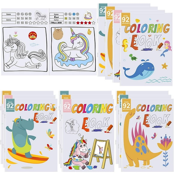 12 Pack Coloring Books with 92 Stickers with 4 Styles Animal Patterns Including Forest Animals, Sea Animals, Unicorns, Dinosaurs to Improve Imagination and Creativity, 6 x 8 Inches